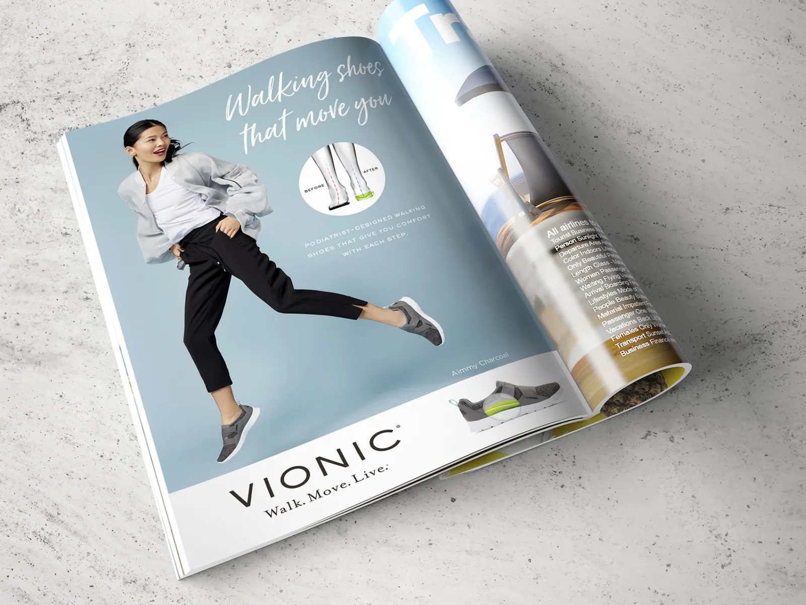 Vionic magazine advertisement for walking shoes