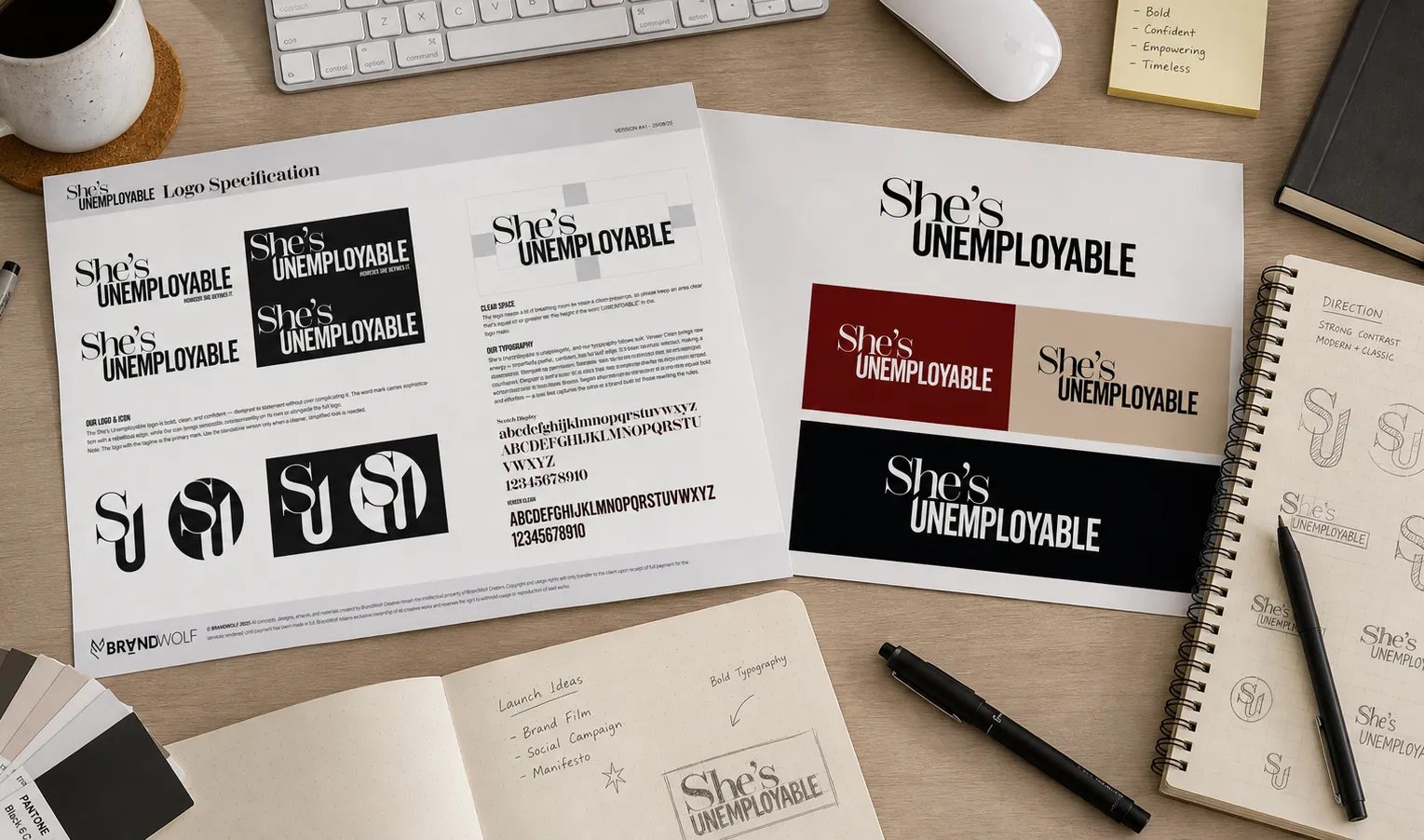 She's Unemployable brand kit with logo specifications and stationery on a desk