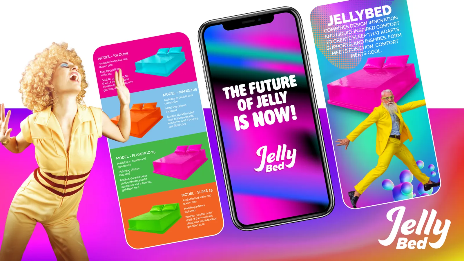 Jelly Bed social and mobile layouts showing bed colours on a phone screen