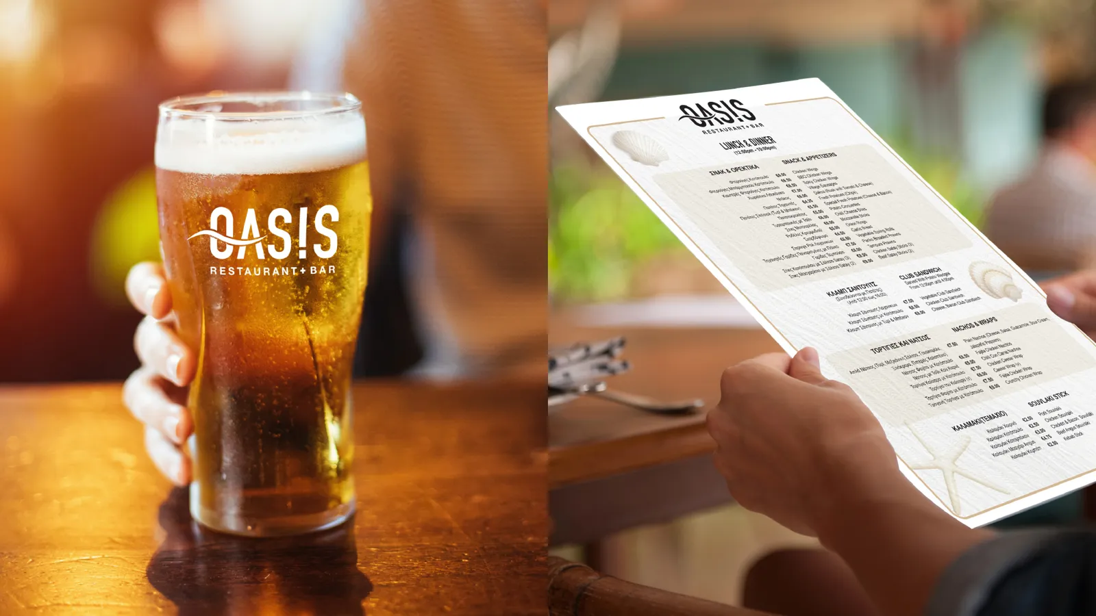 Oasis branded beer glass and printed menu