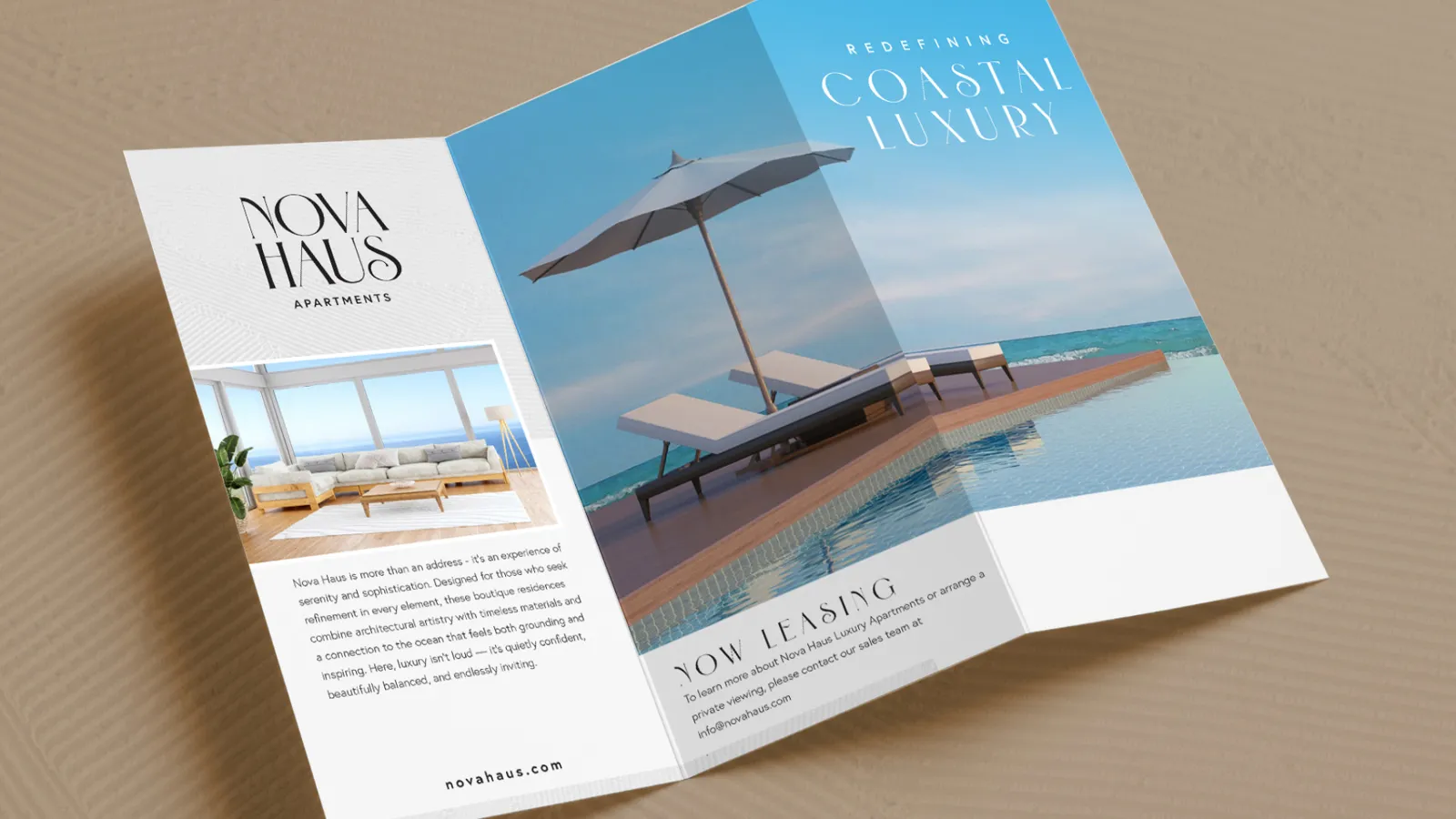 Nova Haus folded brochure titled Redefining Coastal Luxury