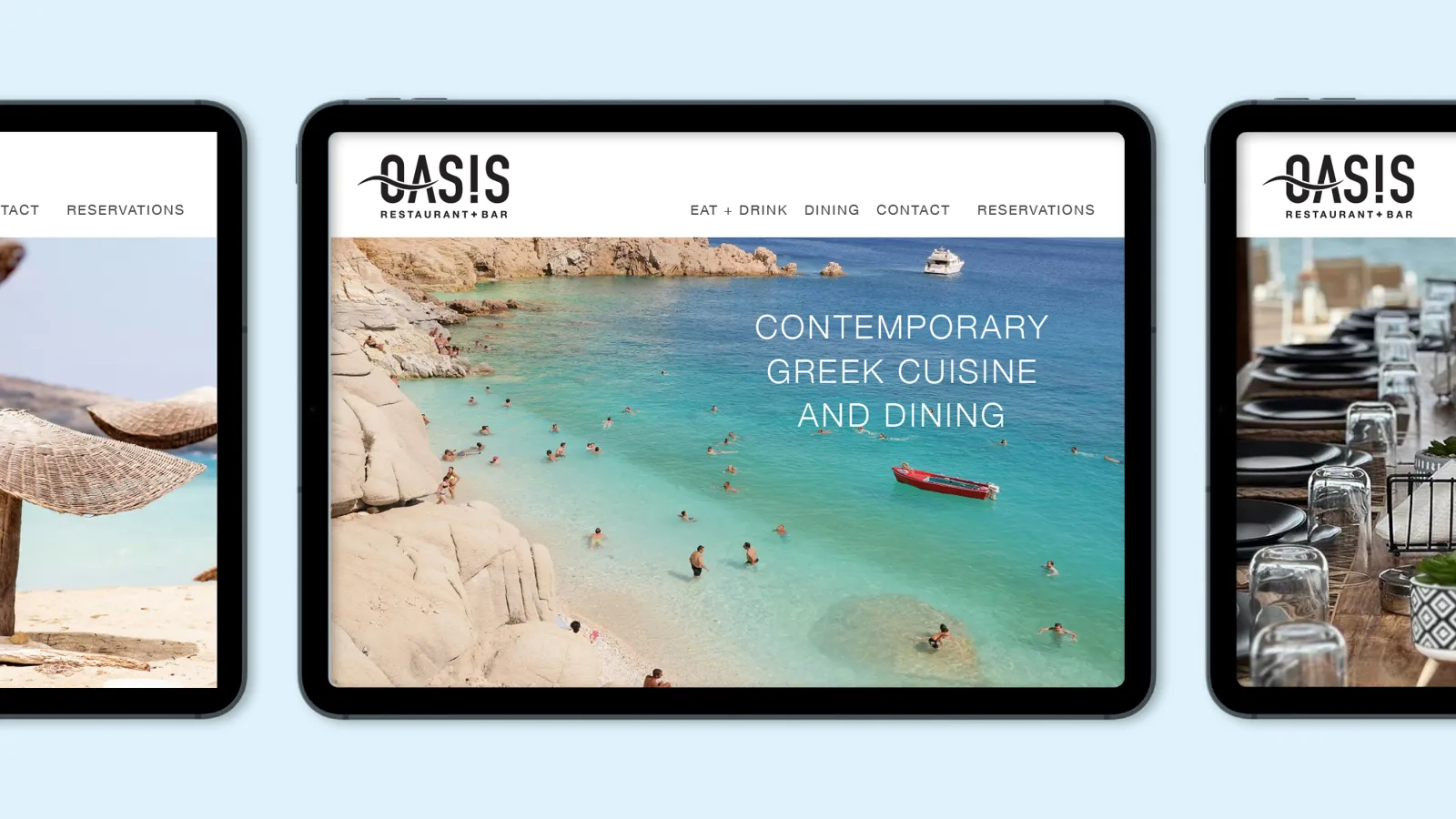 Oasis website on tablets promoting contemporary Greek cuisine and dining