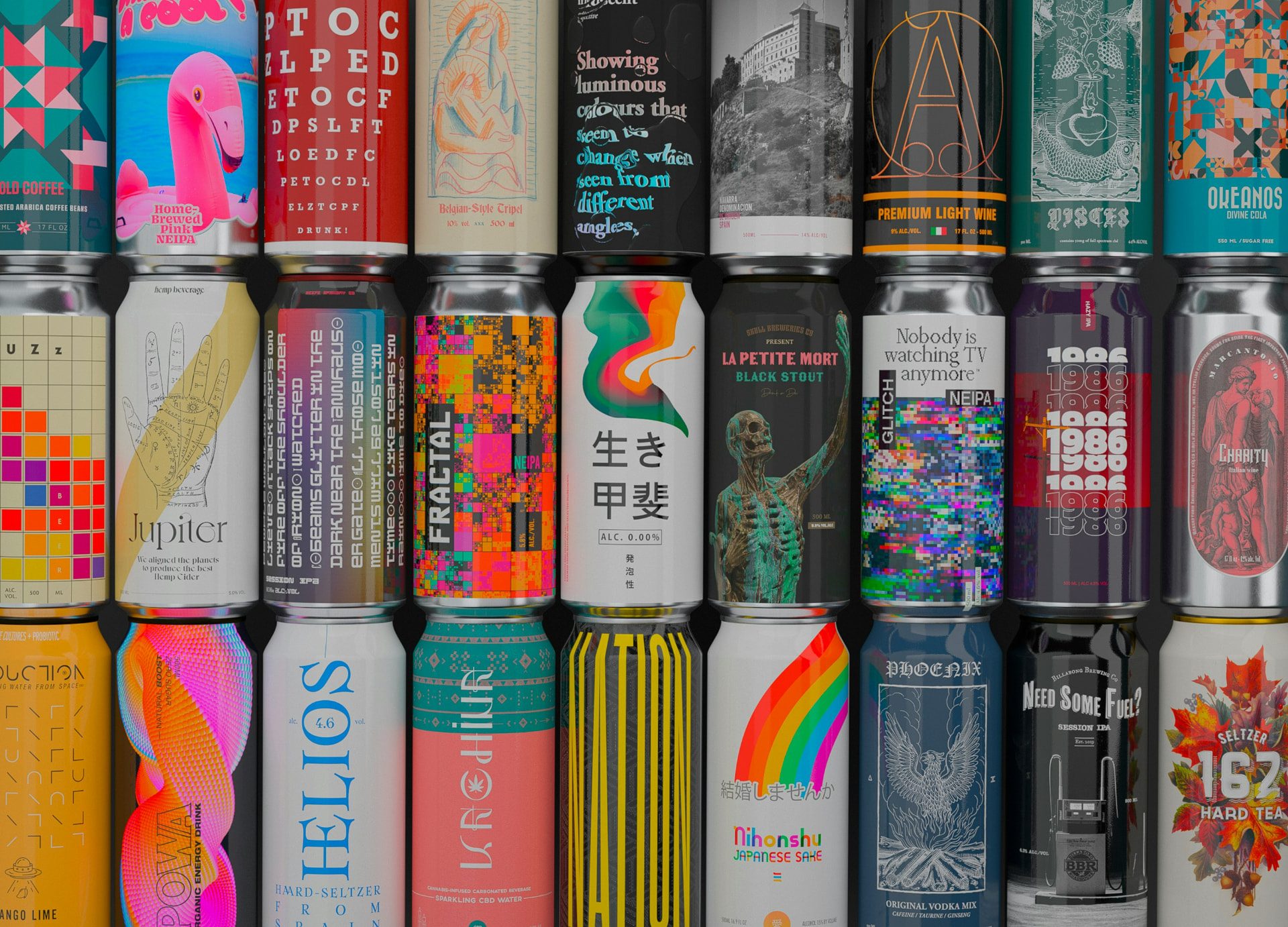 Wall of aluminium drink cans with colourful printed label designs