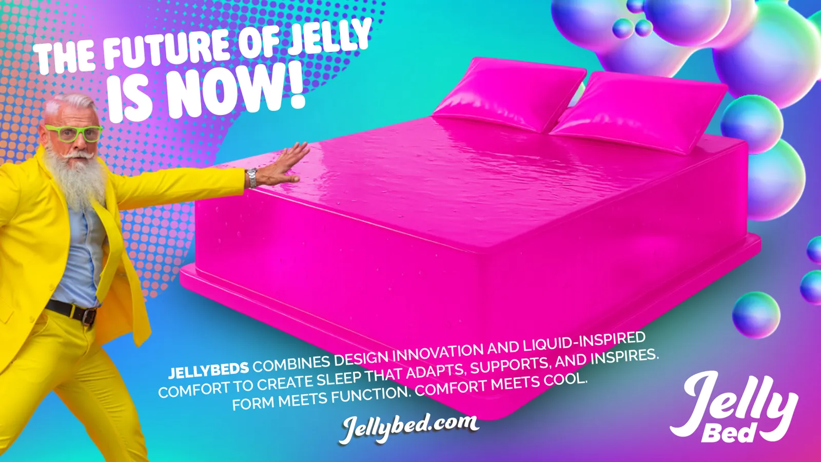 Jelly Bed advertisement with a man in a yellow suit beside a pink jelly bed