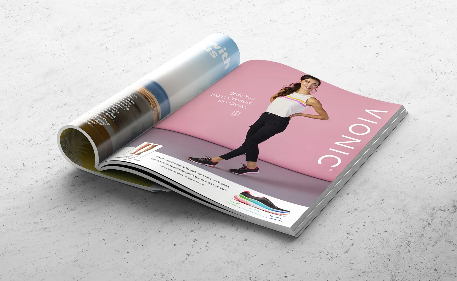 Vionic magazine spread with a woman in walking shoes on a pink page