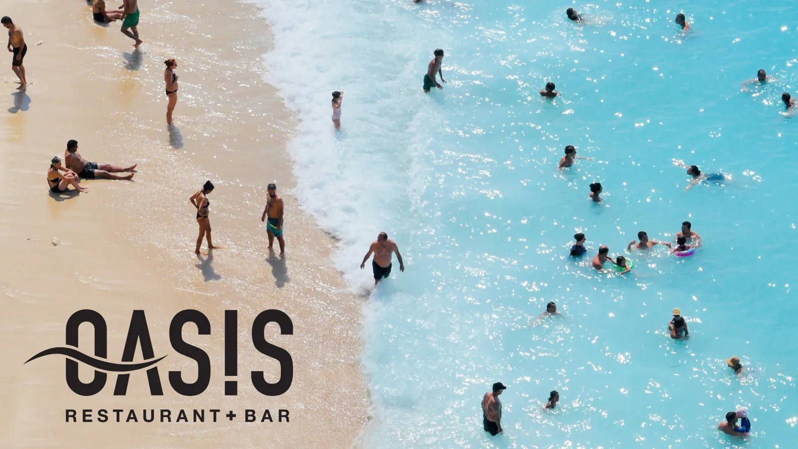 Oasis Restaurant and Bar logo over an aerial view of a crowded beach