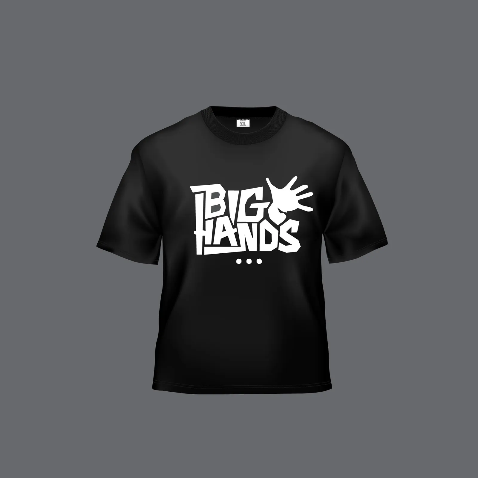 Big Hands logo printed in white on a black t-shirt