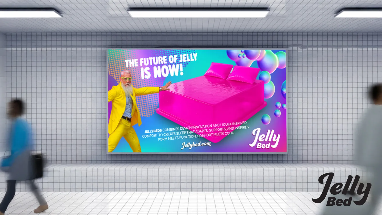 Jelly Bed poster displayed in a tiled transit station with commuters walking past