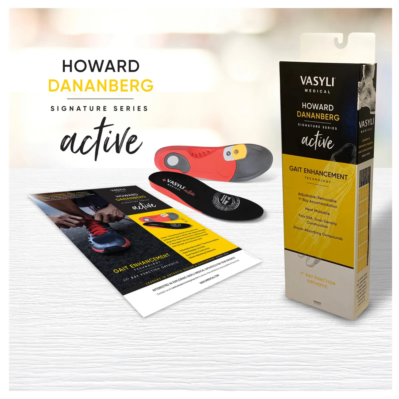 Vasyli Medical Howard Dananberg Signature Series active orthotic shown with retail packaging, a product leaflet and two insoles