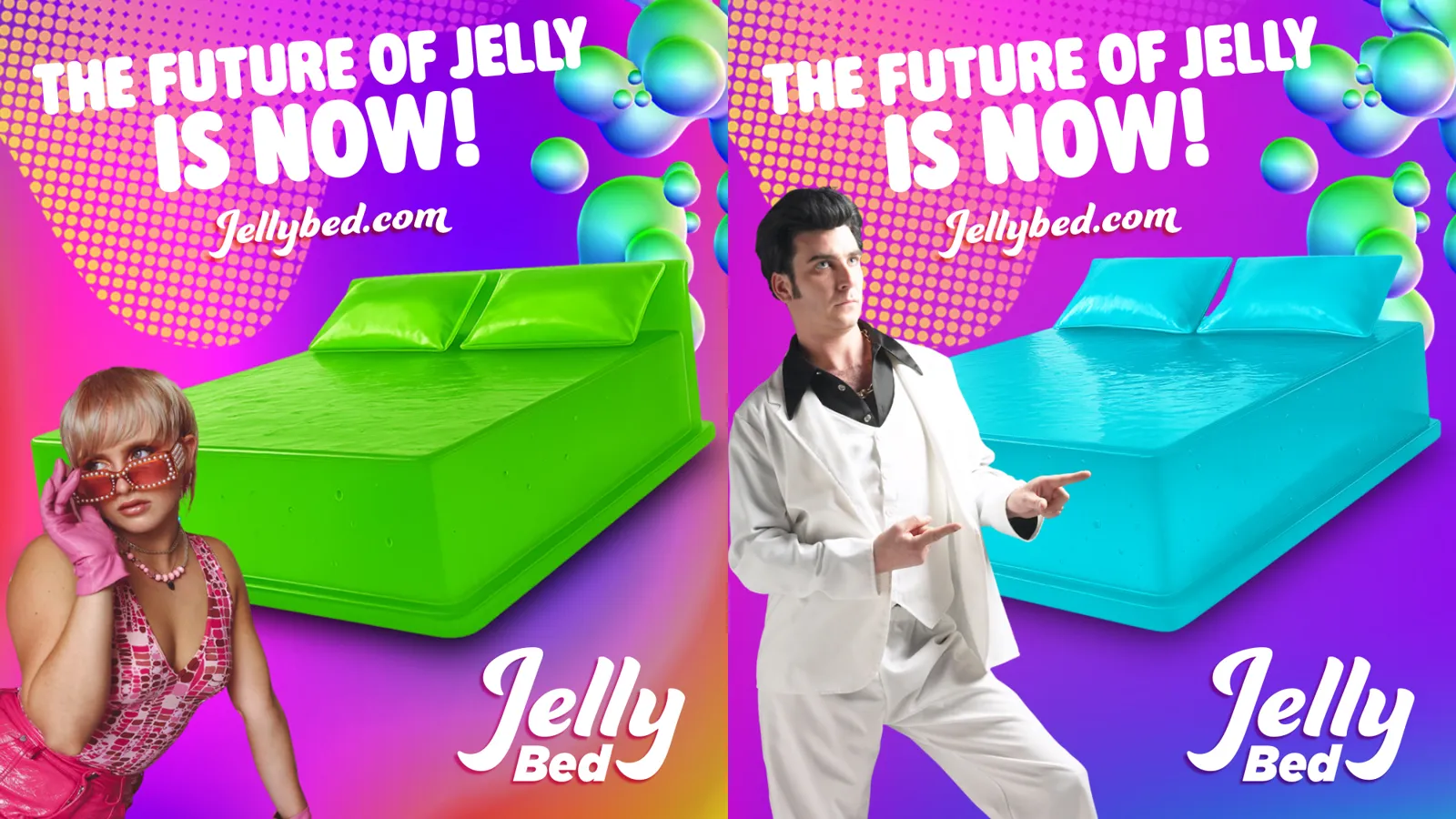 Pair of Jelly Bed advertisements featuring green and blue jelly beds with retro styled characters