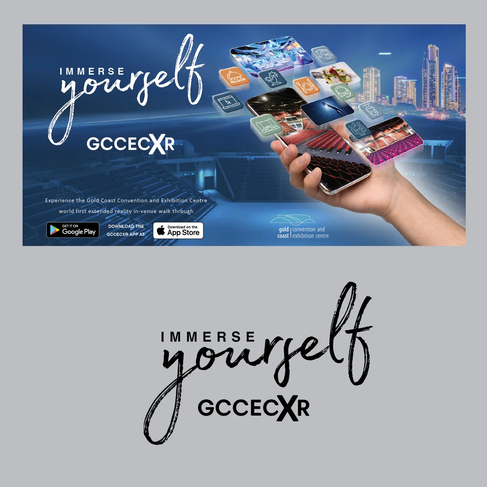 GCCEC XR Immerse Yourself campaign poster with a hand holding a phone showing the exhibition centre, plus the app store badges and logo lockup