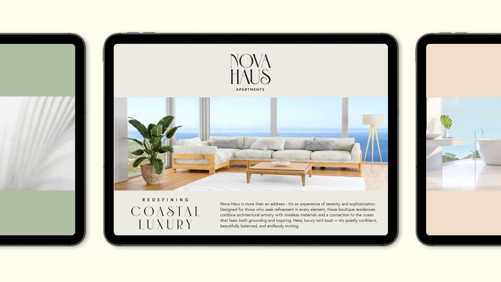 Nova Haus website shown across three tablet screens