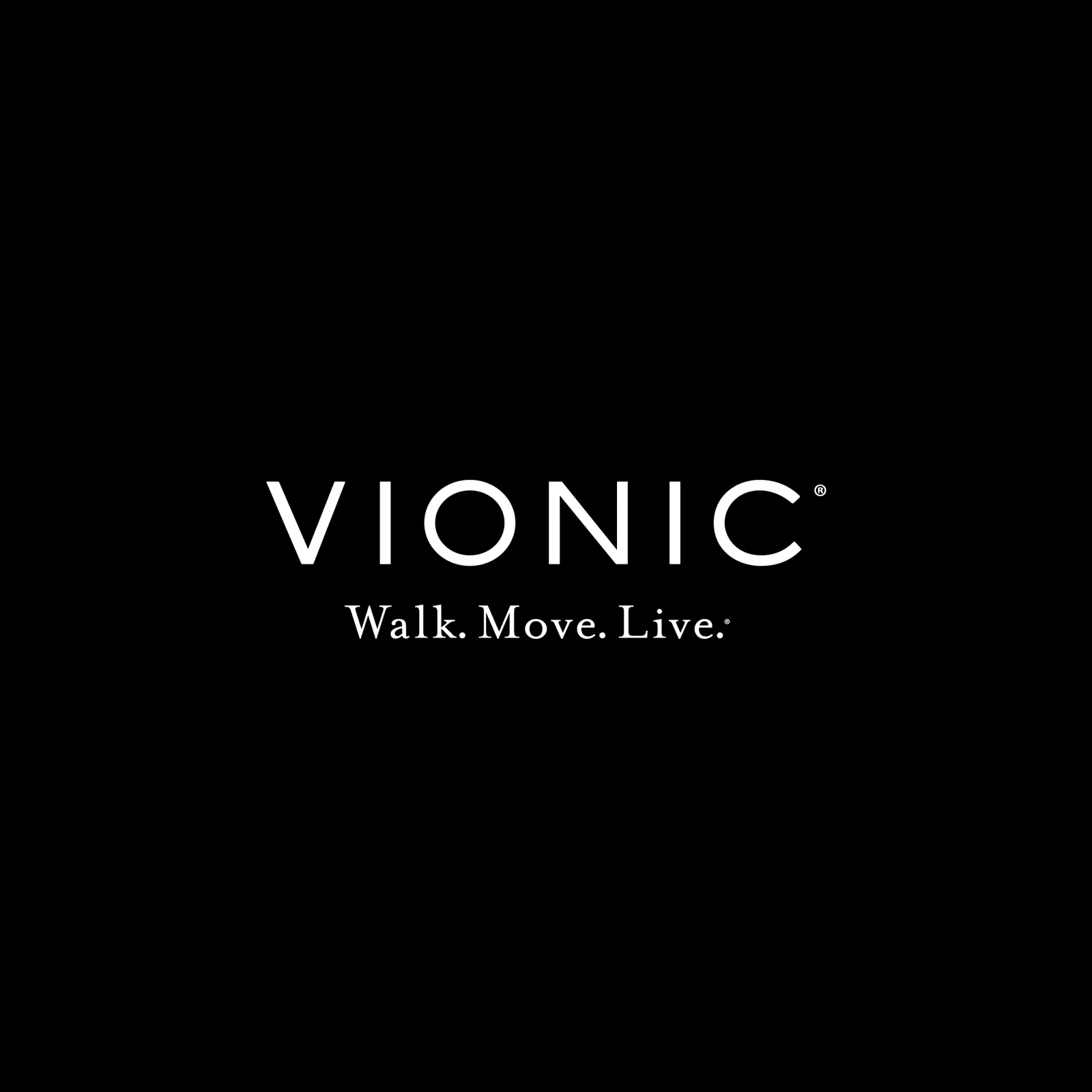 Vionic logo with the line Walk. Move. Live. on black