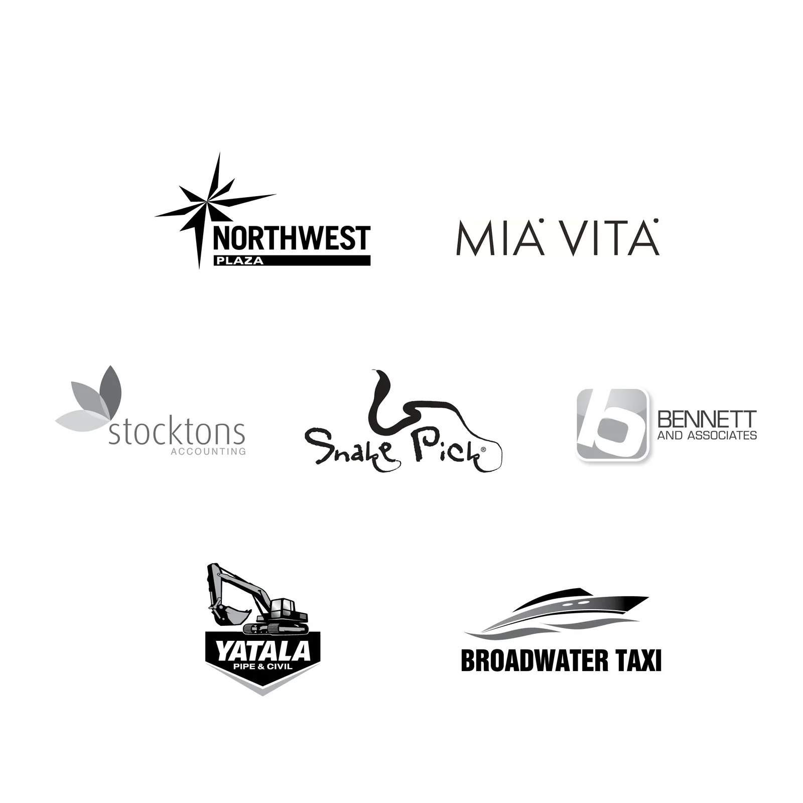 Logo collection for brands including Northwest Plaza, Mia Vita, Stocktons, Snake Pick, Bennett and Associates, Yatala Pipe and Civil and Broadwater Taxi
