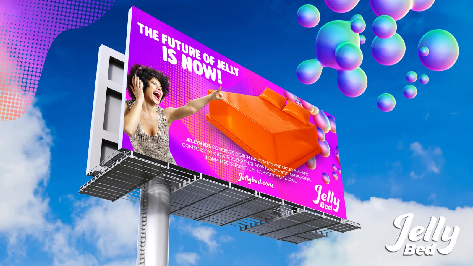 Jelly Bed billboard reading The future of jelly is now with an orange jelly bed against the sky
